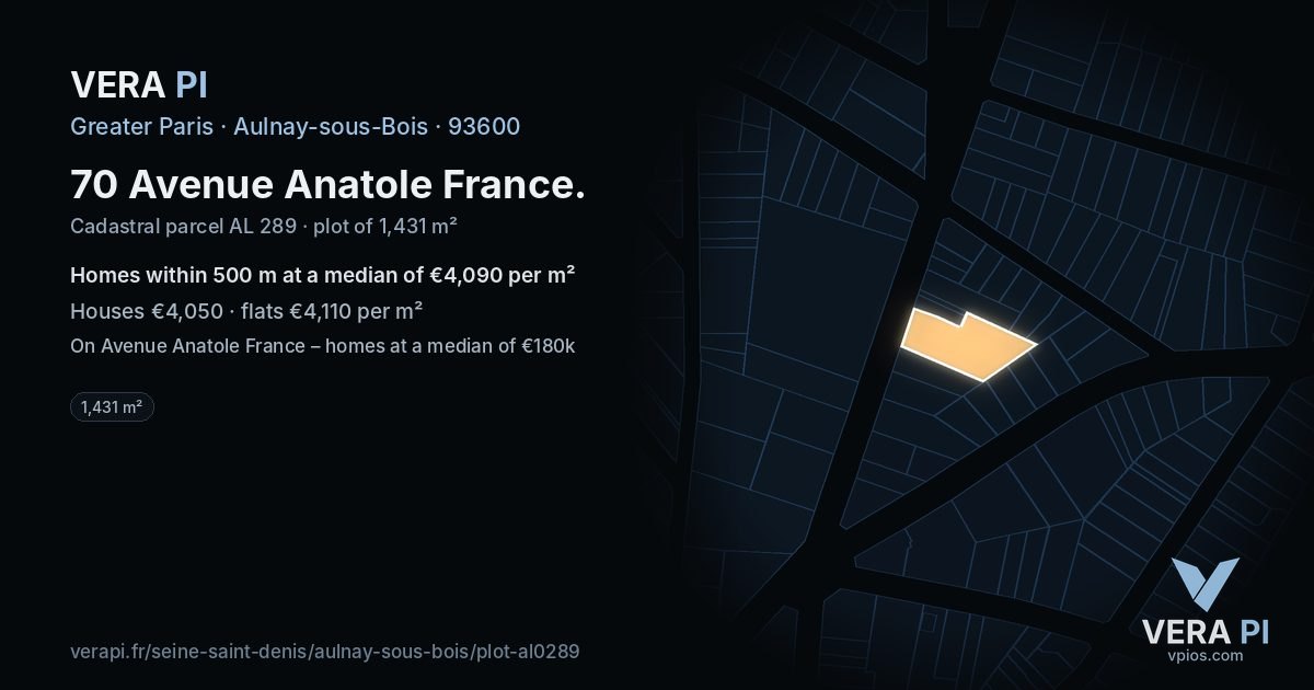 70 Avenue Anatole France, Aulnay-sous-Bois at night – the plot lit, the parcels around coloured by the prices near them