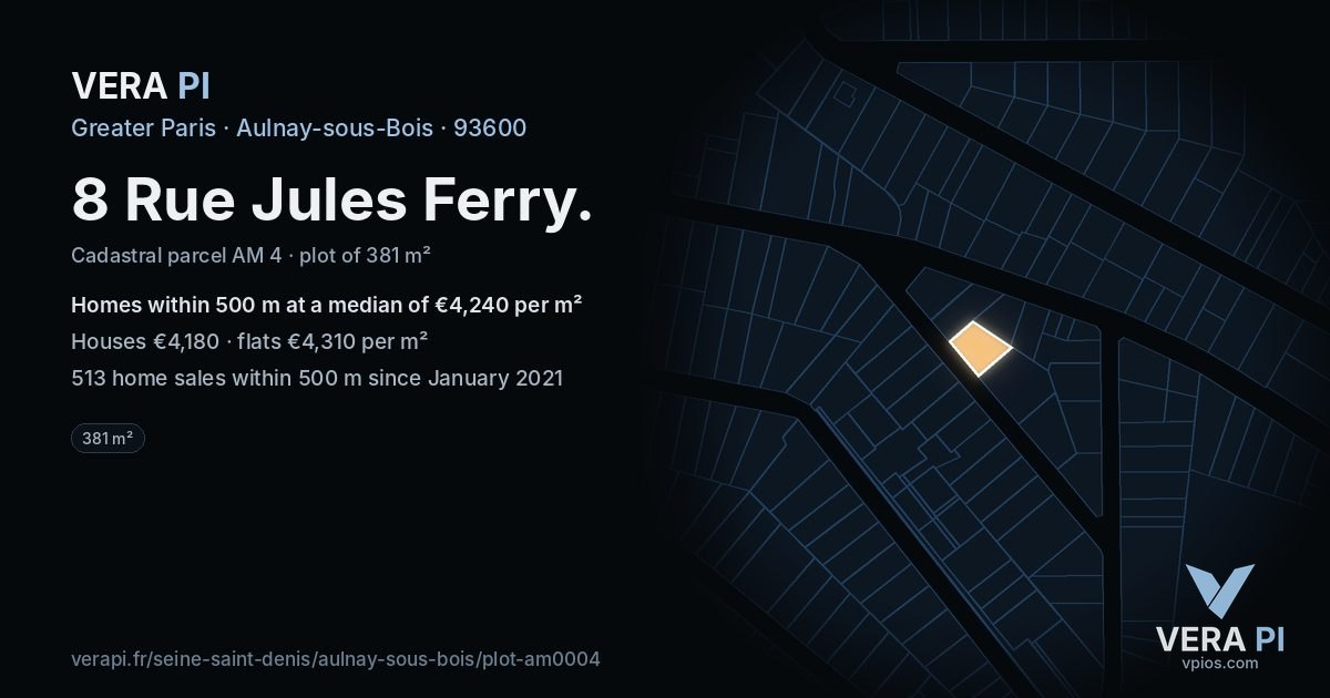 8 Rue Jules Ferry, Aulnay-sous-Bois at night – the plot lit, the parcels around coloured by the prices near them