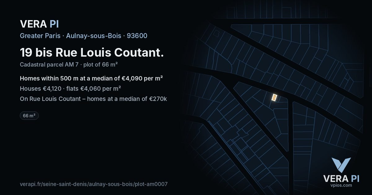 19 bis Rue Louis Coutant, Aulnay-sous-Bois at night – the plot lit, the parcels around coloured by the prices near them