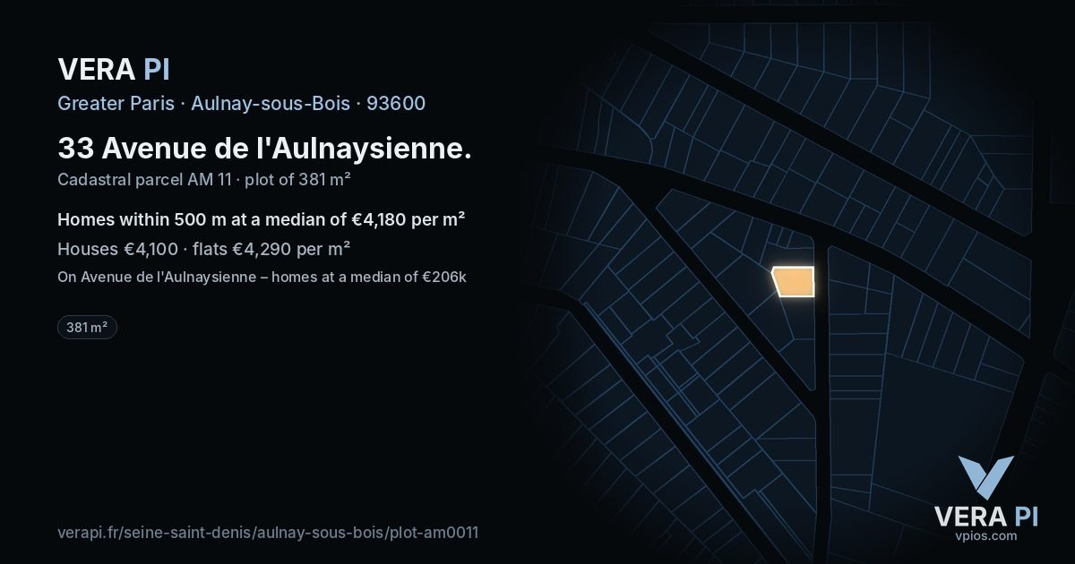 33 Avenue de l'Aulnaysienne, Aulnay-sous-Bois at night – the plot lit, the parcels around coloured by the prices near them