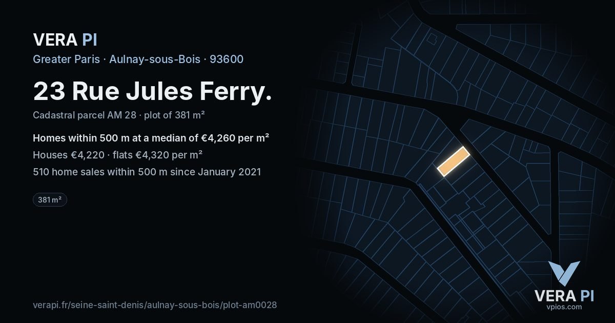 23 Rue Jules Ferry, Aulnay-sous-Bois at night – the plot lit, the parcels around coloured by the prices near them