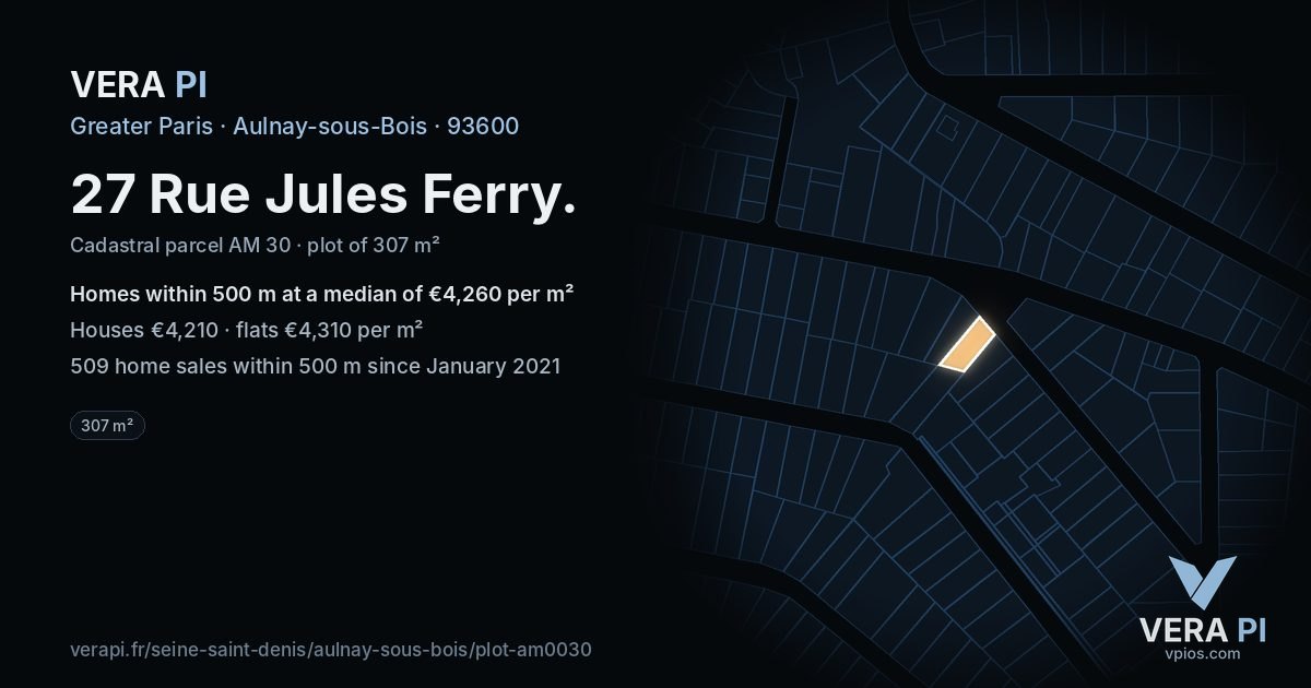 27 Rue Jules Ferry, Aulnay-sous-Bois at night – the plot lit, the parcels around coloured by the prices near them