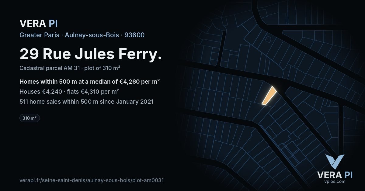 29 Rue Jules Ferry, Aulnay-sous-Bois at night – the plot lit, the parcels around coloured by the prices near them
