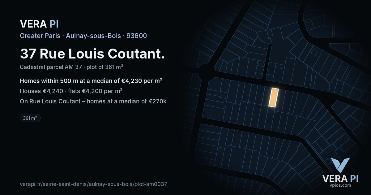 37 Rue Louis Coutant, Aulnay-sous-Bois at night – the plot lit, the parcels around coloured by the prices near them