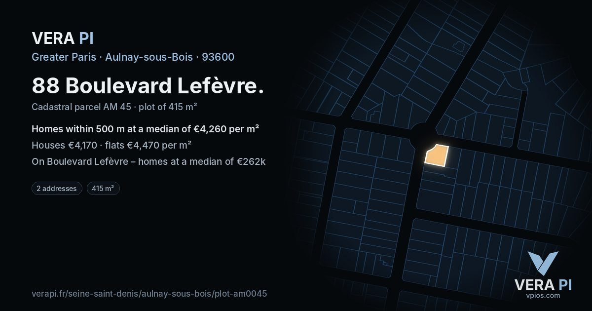 88 Boulevard Lefèvre, Aulnay-sous-Bois at night – the plot lit, the parcels around coloured by the prices near them