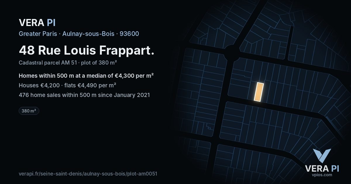 48 Rue Louis Frappart, Aulnay-sous-Bois at night – the plot lit, the parcels around coloured by the prices near them