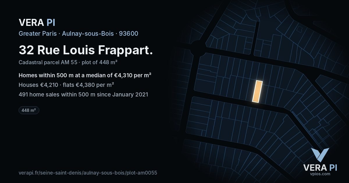 32 Rue Louis Frappart, Aulnay-sous-Bois at night – the plot lit, the parcels around coloured by the prices near them