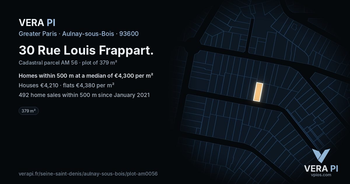30 Rue Louis Frappart, Aulnay-sous-Bois at night – the plot lit, the parcels around coloured by the prices near them