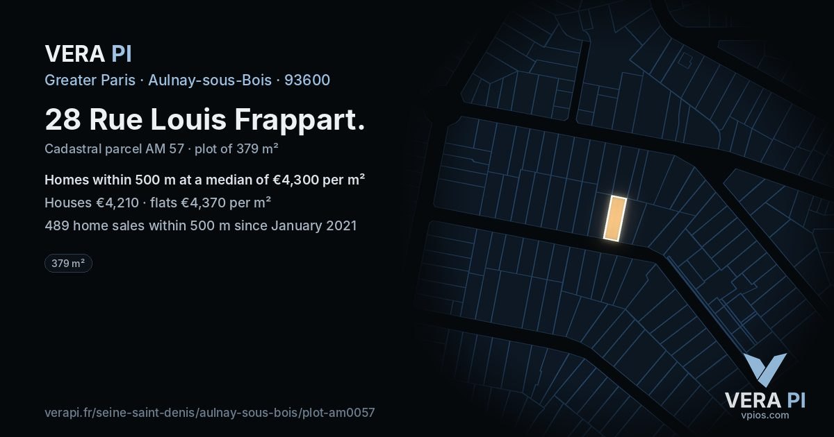 28 Rue Louis Frappart, Aulnay-sous-Bois at night – the plot lit, the parcels around coloured by the prices near them