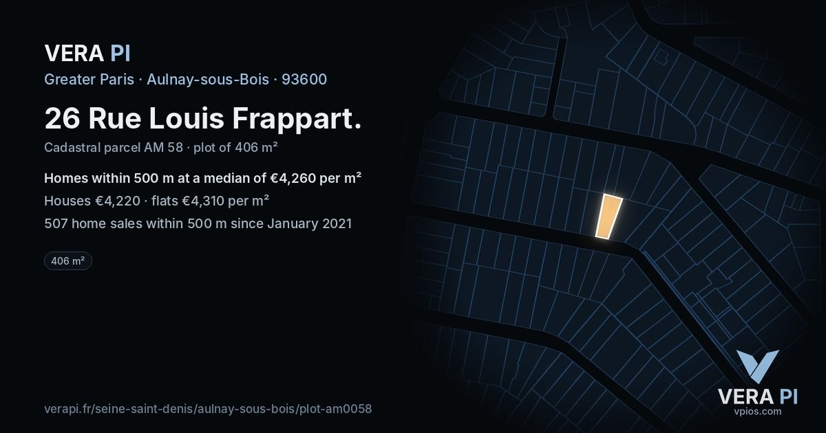 26 Rue Louis Frappart, Aulnay-sous-Bois at night – the plot lit, the parcels around coloured by the prices near them