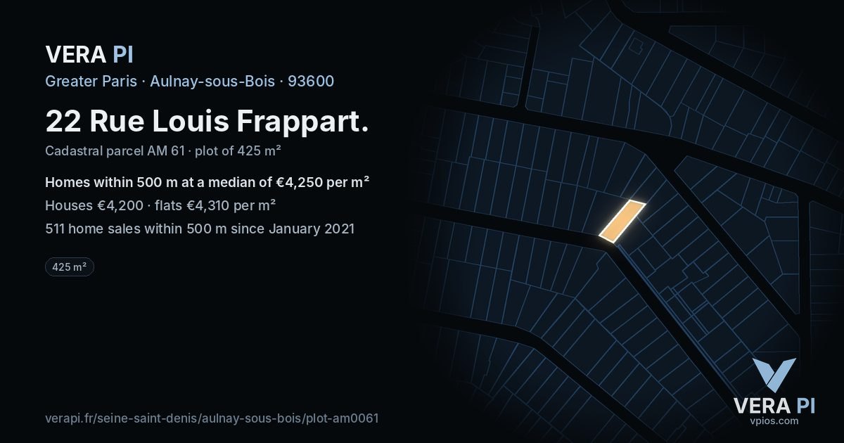 22 Rue Louis Frappart, Aulnay-sous-Bois at night – the plot lit, the parcels around coloured by the prices near them