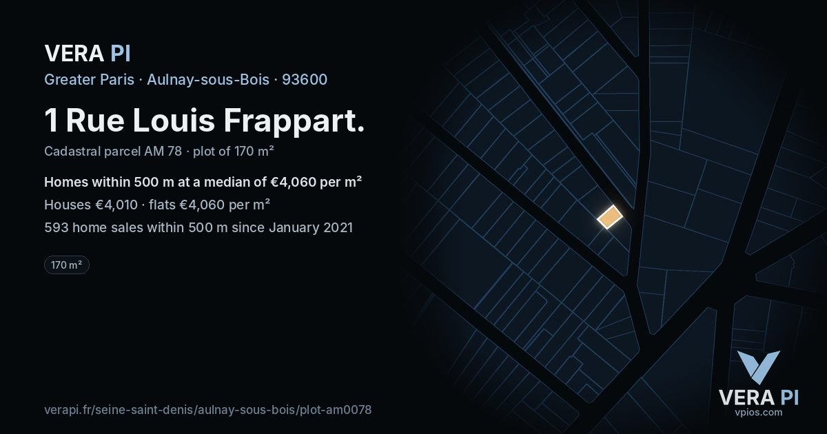 1 Rue Louis Frappart, Aulnay-sous-Bois at night – the plot lit, the parcels around coloured by the prices near them