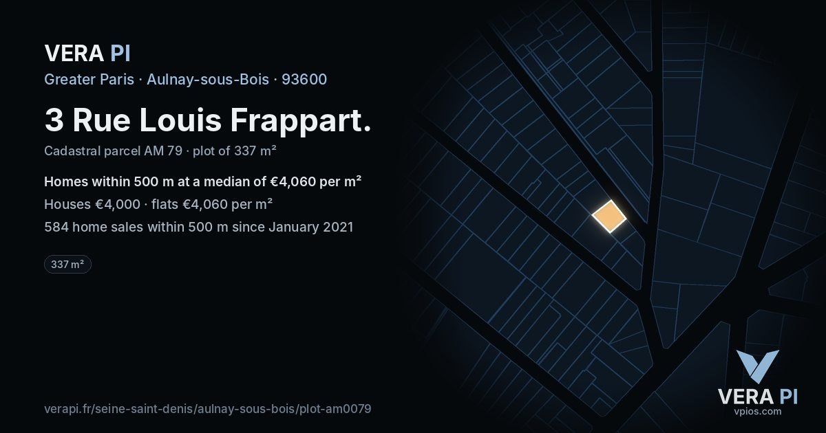 3 Rue Louis Frappart, Aulnay-sous-Bois at night – the plot lit, the parcels around coloured by the prices near them
