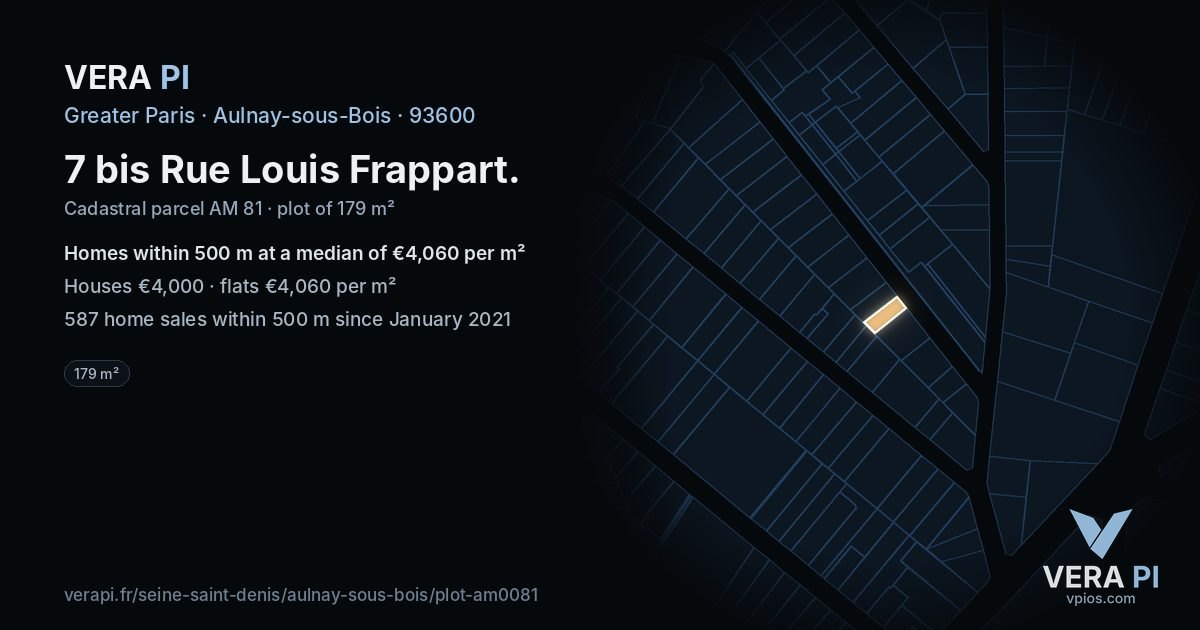 7 bis Rue Louis Frappart, Aulnay-sous-Bois at night – the plot lit, the parcels around coloured by the prices near them