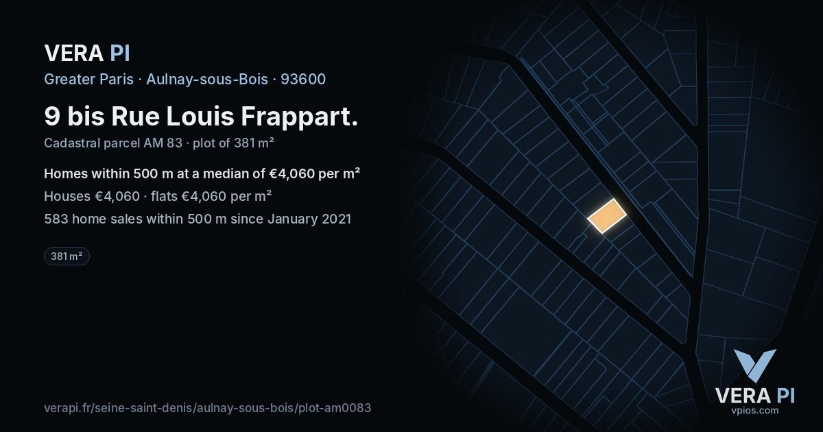9 bis Rue Louis Frappart, Aulnay-sous-Bois at night – the plot lit, the parcels around coloured by the prices near them