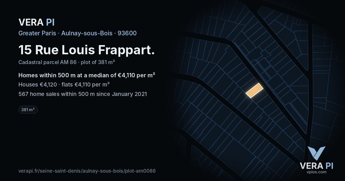 15 Rue Louis Frappart, Aulnay-sous-Bois at night – the plot lit, the parcels around coloured by the prices near them