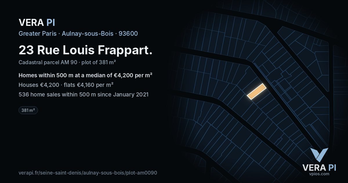 23 Rue Louis Frappart, Aulnay-sous-Bois at night – the plot lit, the parcels around coloured by the prices near them