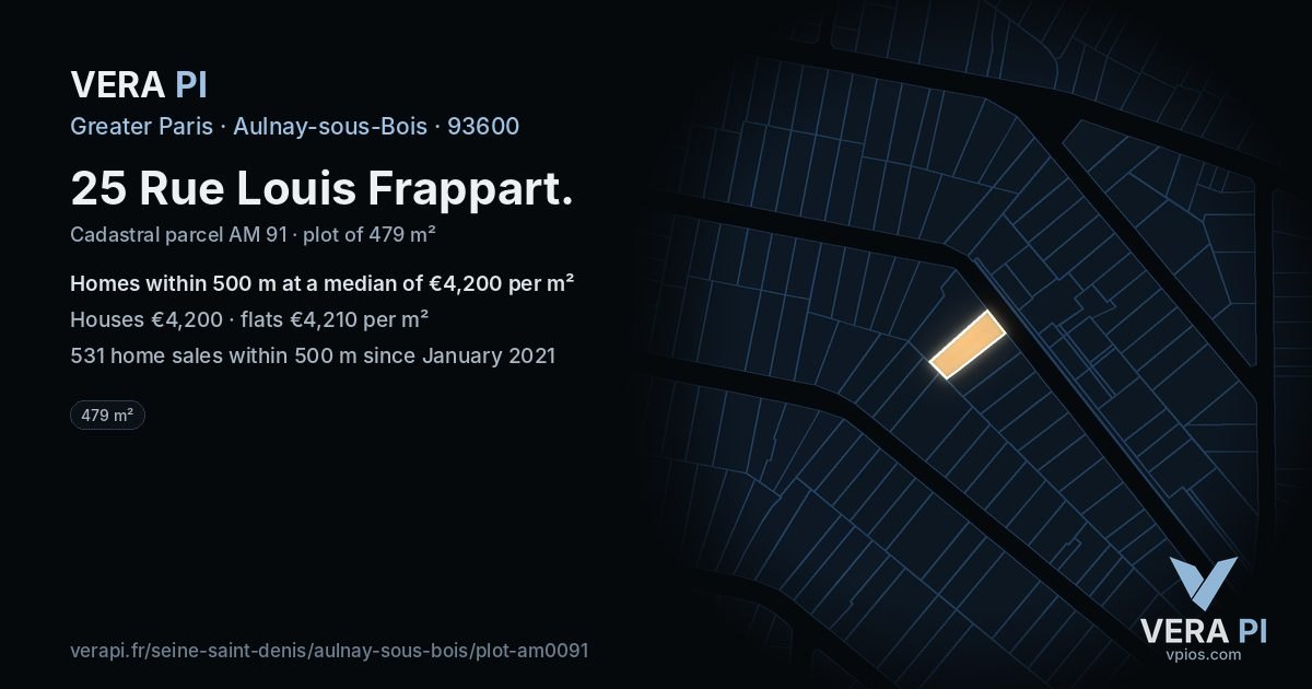25 Rue Louis Frappart, Aulnay-sous-Bois at night – the plot lit, the parcels around coloured by the prices near them