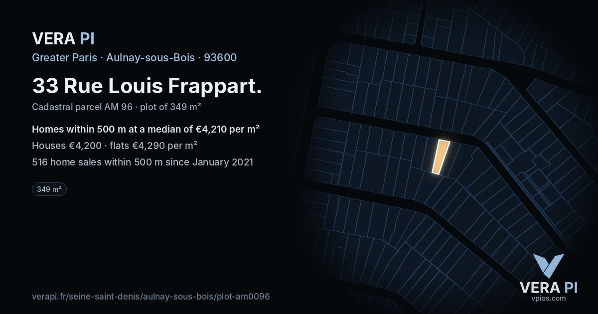 33 Rue Louis Frappart, Aulnay-sous-Bois at night – the plot lit, the parcels around coloured by the prices near them