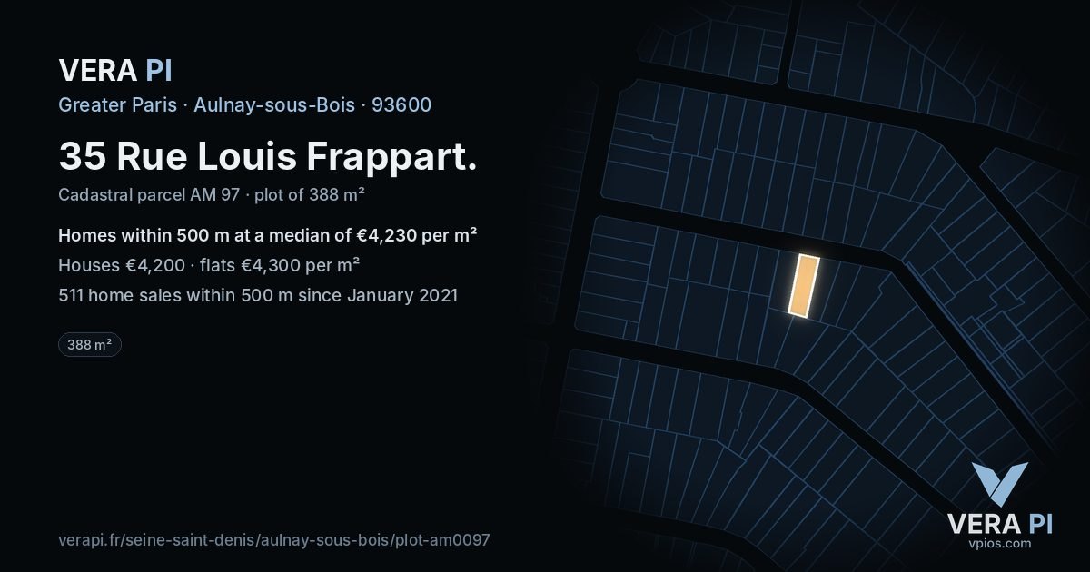 35 Rue Louis Frappart, Aulnay-sous-Bois at night – the plot lit, the parcels around coloured by the prices near them