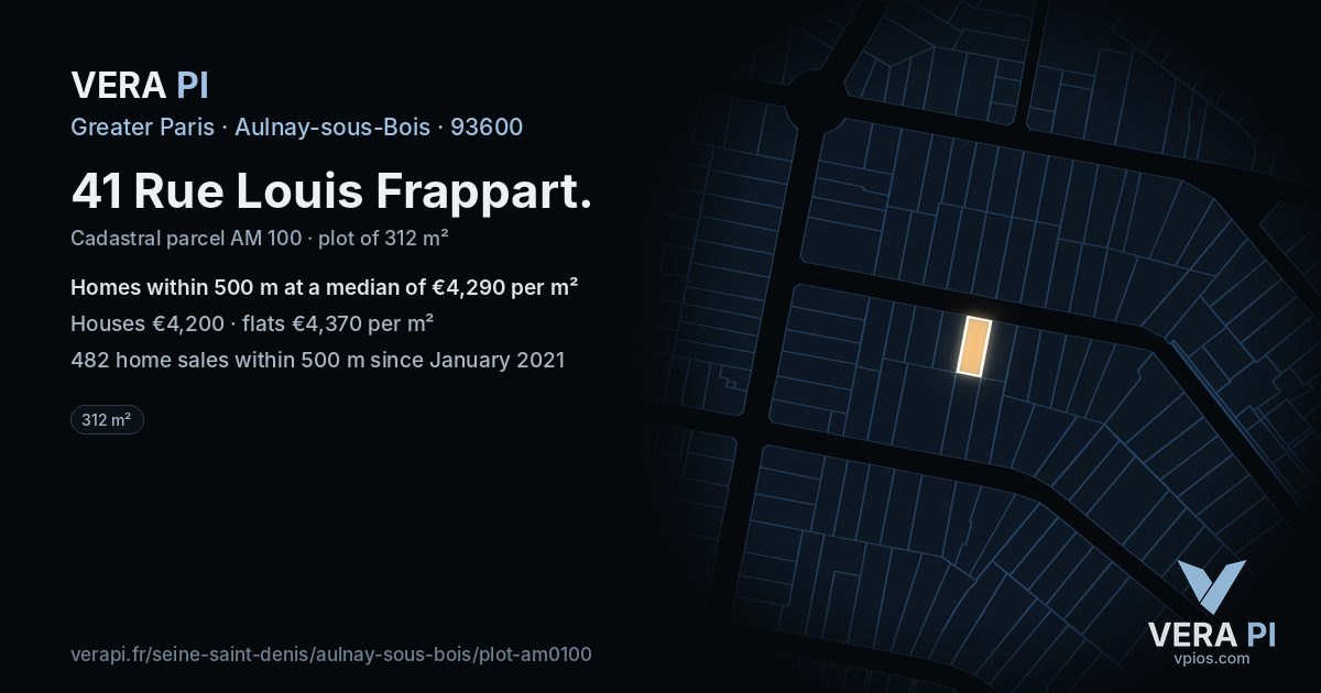 41 Rue Louis Frappart, Aulnay-sous-Bois at night – the plot lit, the parcels around coloured by the prices near them