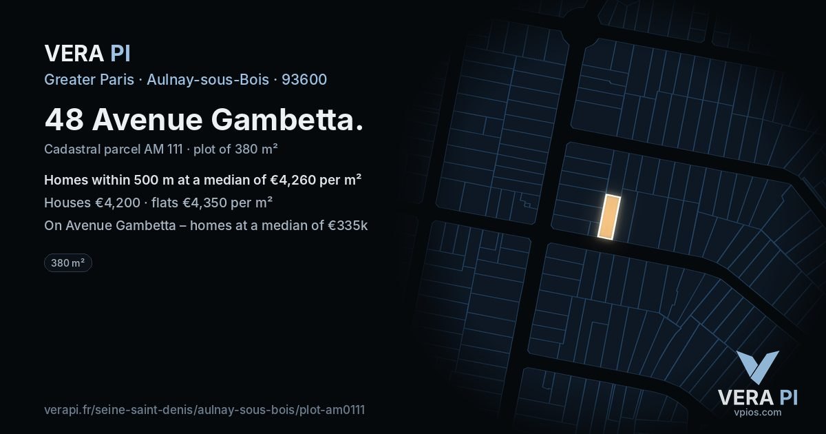48 Avenue Gambetta, Aulnay-sous-Bois at night – the plot lit, the parcels around coloured by the prices near them