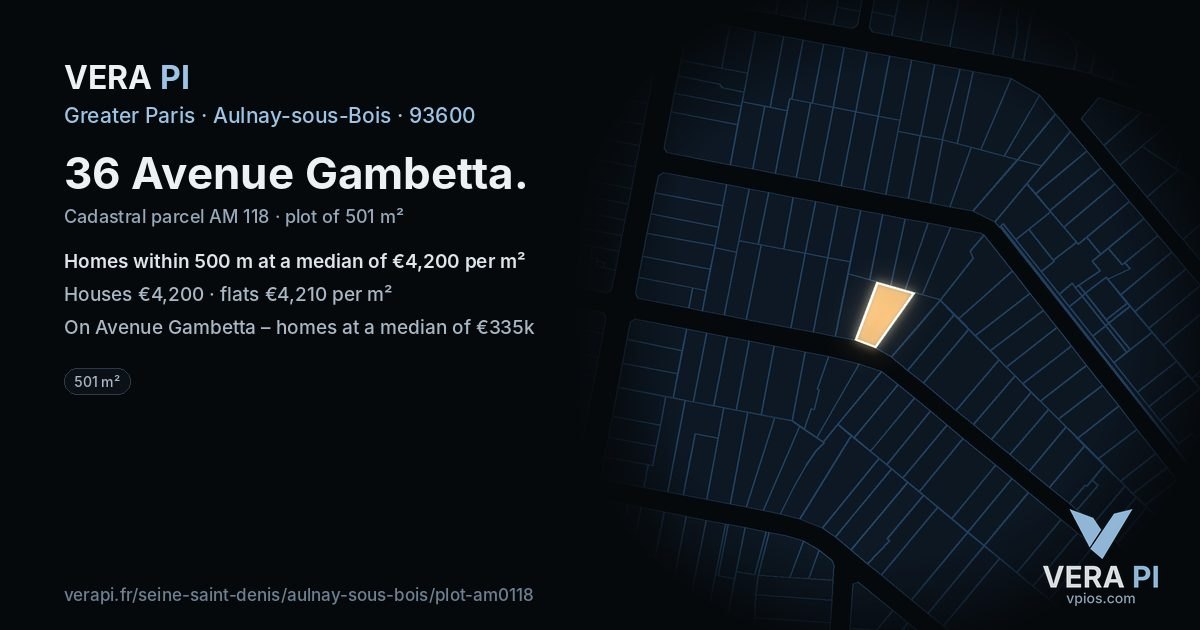 36 Avenue Gambetta, Aulnay-sous-Bois at night – the plot lit, the parcels around coloured by the prices near them