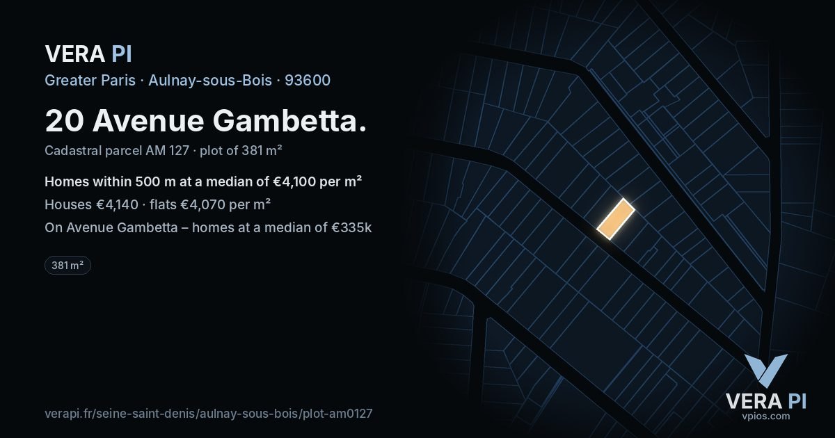 20 Avenue Gambetta, Aulnay-sous-Bois at night – the plot lit, the parcels around coloured by the prices near them