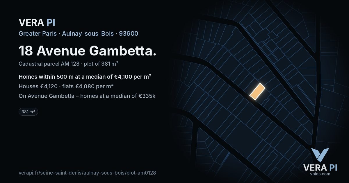 18 Avenue Gambetta, Aulnay-sous-Bois at night – the plot lit, the parcels around coloured by the prices near them
