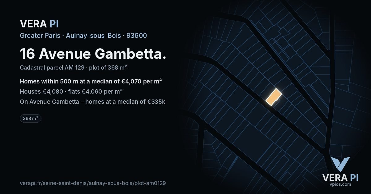 16 Avenue Gambetta, Aulnay-sous-Bois at night – the plot lit, the parcels around coloured by the prices near them