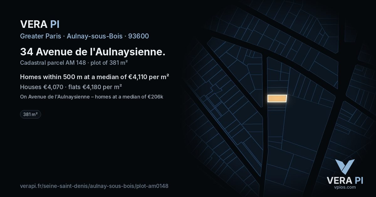 34 Avenue de l'Aulnaysienne, Aulnay-sous-Bois at night – the plot lit, the parcels around coloured by the prices near them
