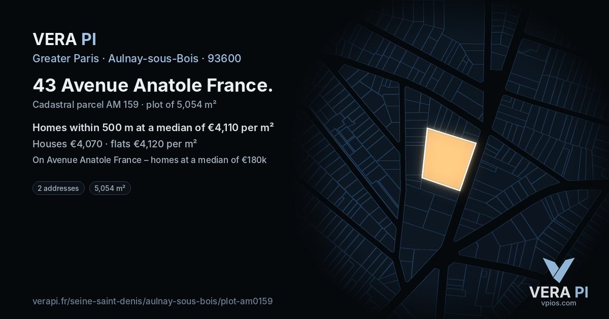 43 Avenue Anatole France, Aulnay-sous-Bois at night – the plot lit, the parcels around coloured by the prices near them