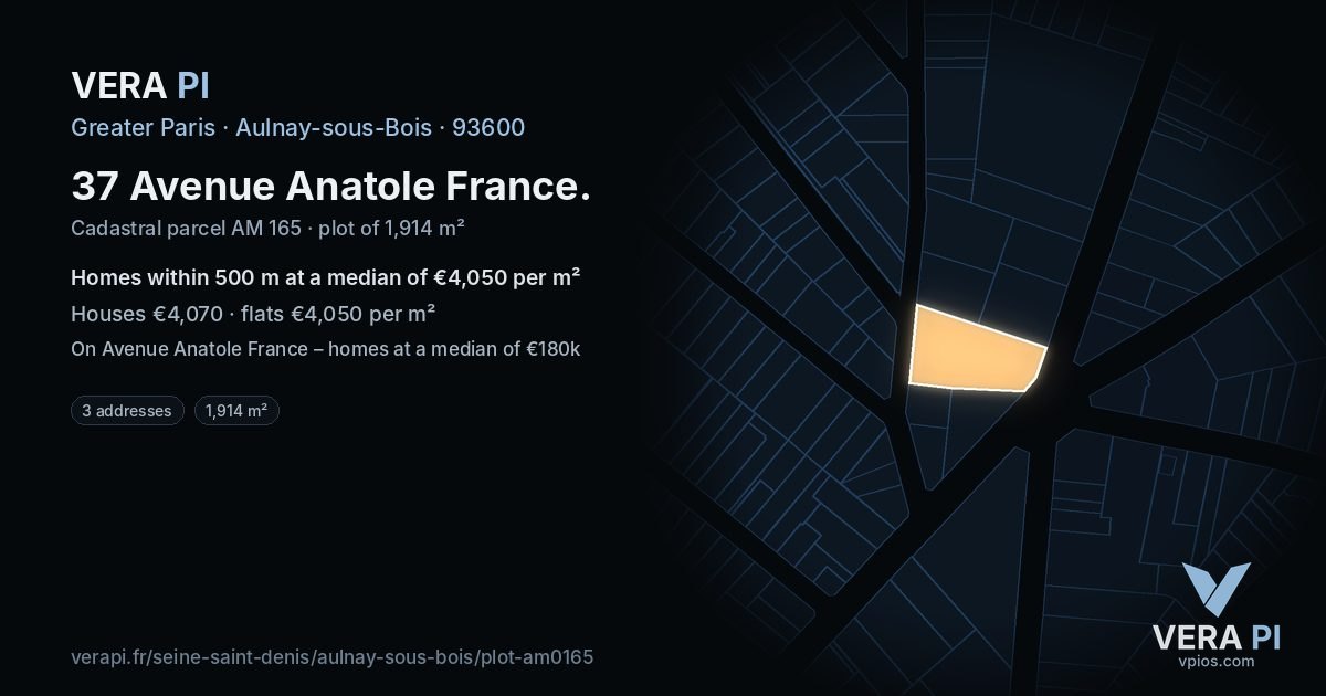 37 Avenue Anatole France, Aulnay-sous-Bois at night – the plot lit, the parcels around coloured by the prices near them