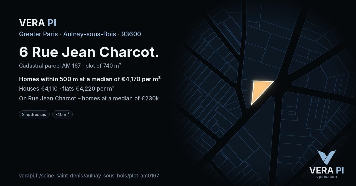 6 Rue Jean Charcot, Aulnay-sous-Bois at night – the plot lit, the parcels around coloured by the prices near them