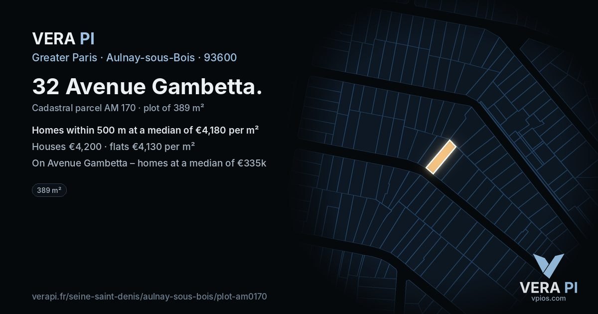 32 Avenue Gambetta, Aulnay-sous-Bois at night – the plot lit, the parcels around coloured by the prices near them