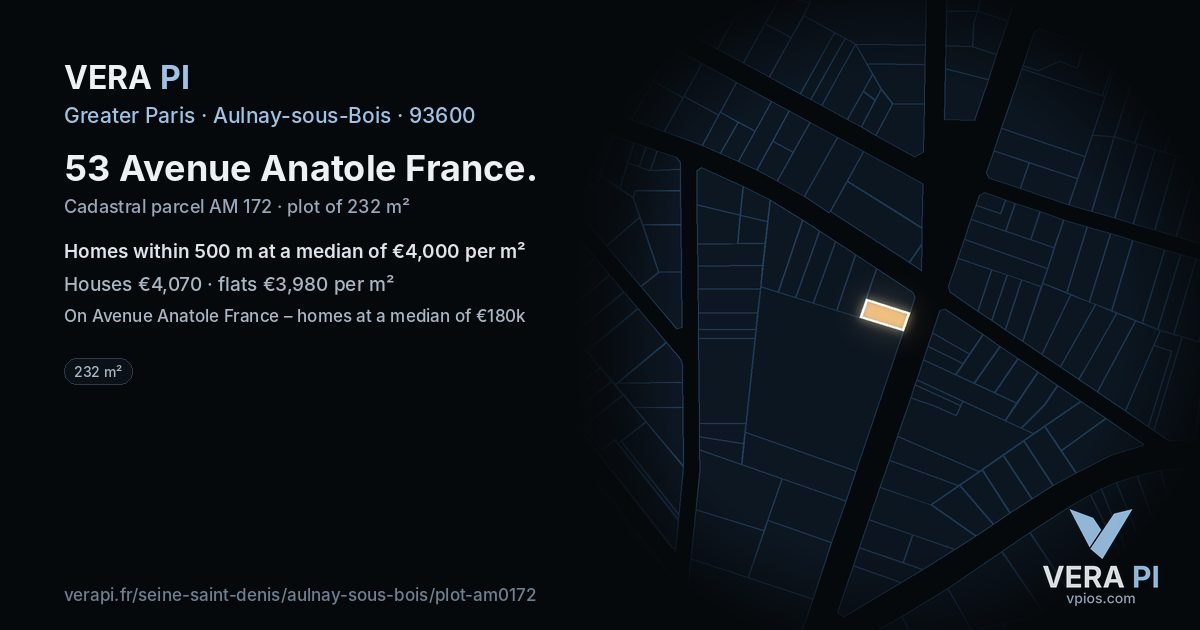 53 Avenue Anatole France, Aulnay-sous-Bois at night – the plot lit, the parcels around coloured by the prices near them