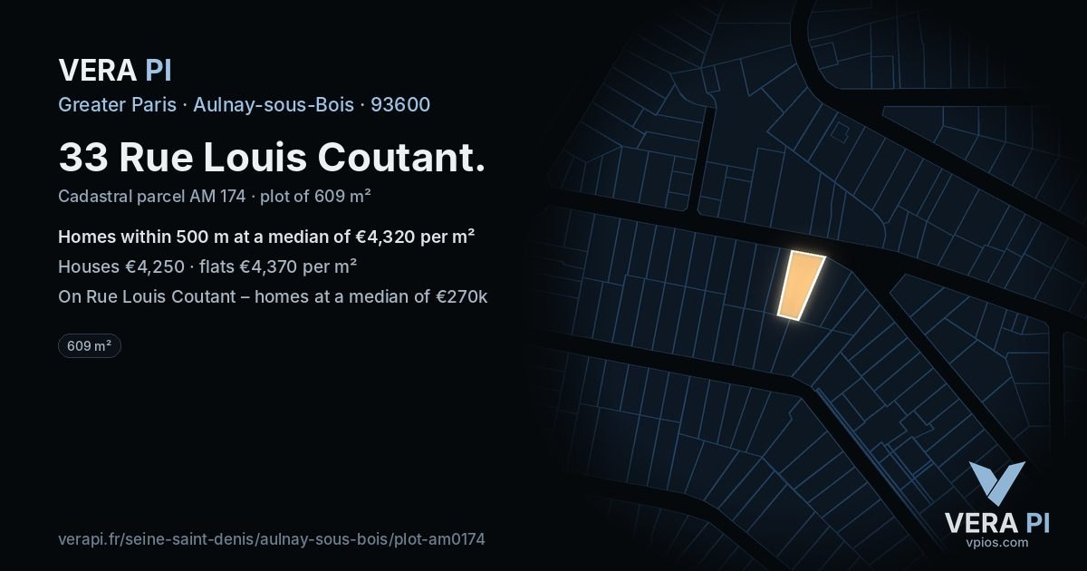 33 Rue Louis Coutant, Aulnay-sous-Bois at night – the plot lit, the parcels around coloured by the prices near them