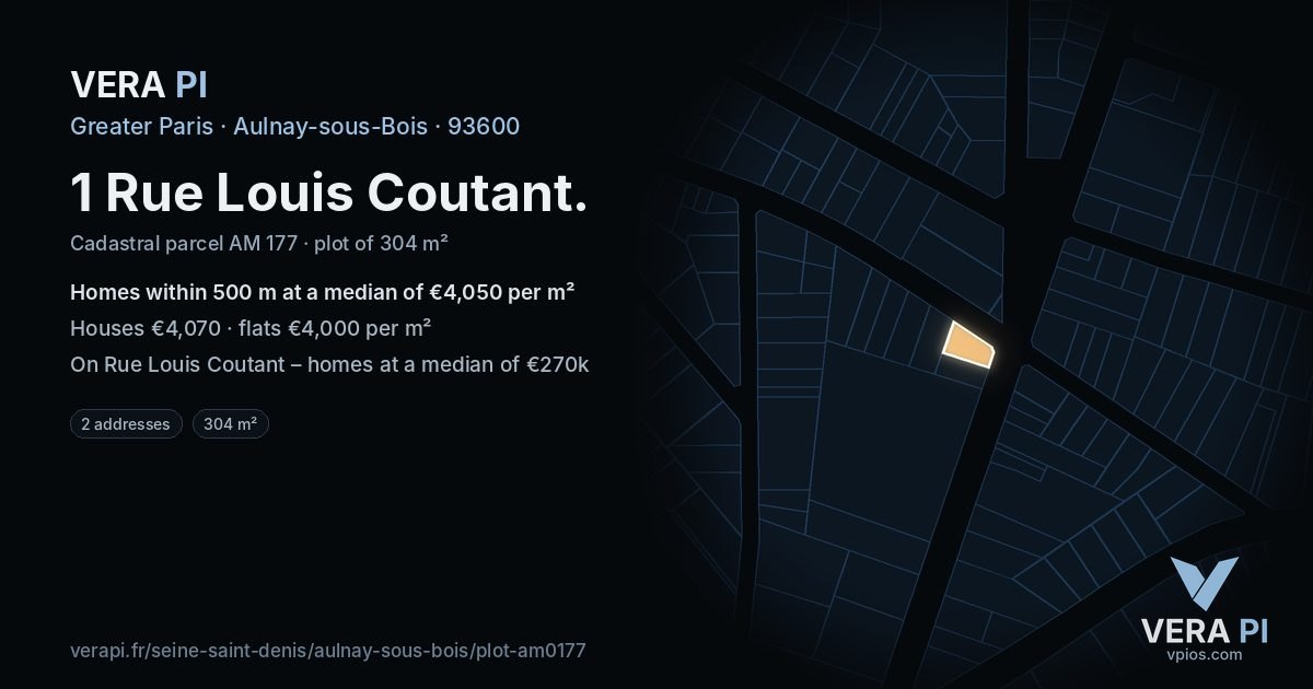 1 Rue Louis Coutant, Aulnay-sous-Bois at night – the plot lit, the parcels around coloured by the prices near them