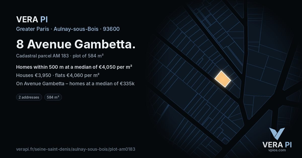 8 Avenue Gambetta, Aulnay-sous-Bois at night – the plot lit, the parcels around coloured by the prices near them