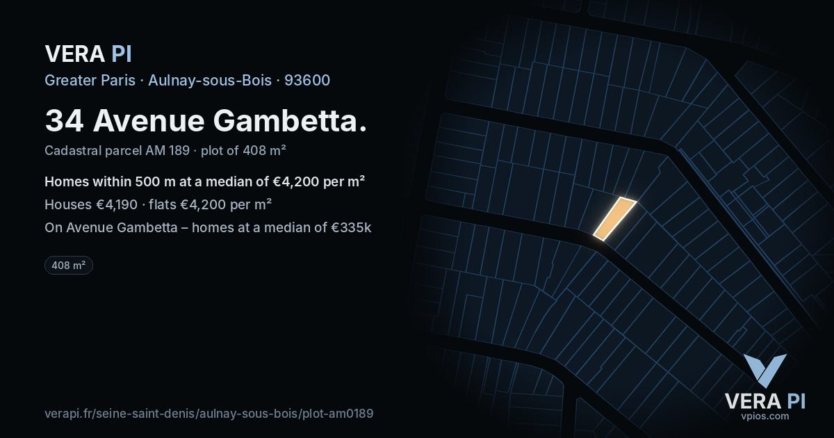 34 Avenue Gambetta, Aulnay-sous-Bois at night – the plot lit, the parcels around coloured by the prices near them