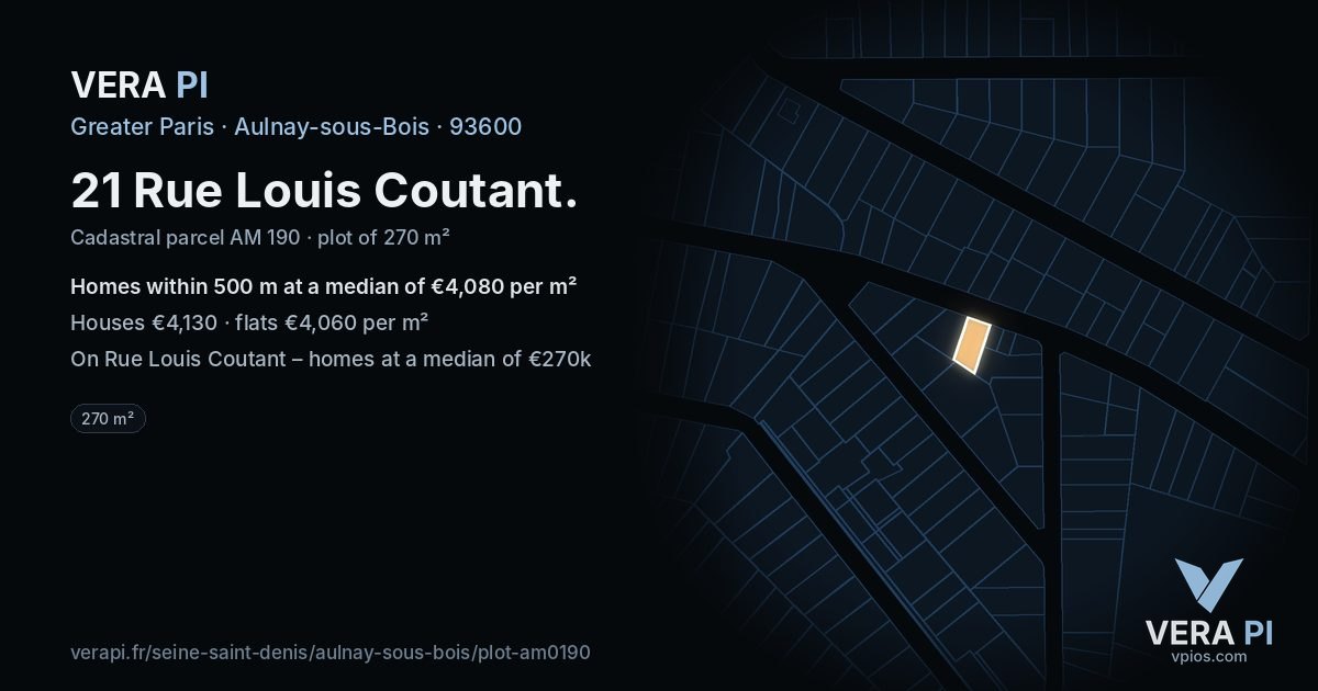 21 Rue Louis Coutant, Aulnay-sous-Bois at night – the plot lit, the parcels around coloured by the prices near them