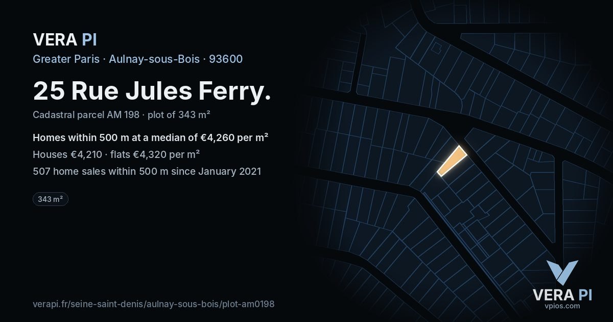 25 Rue Jules Ferry, Aulnay-sous-Bois at night – the plot lit, the parcels around coloured by the prices near them