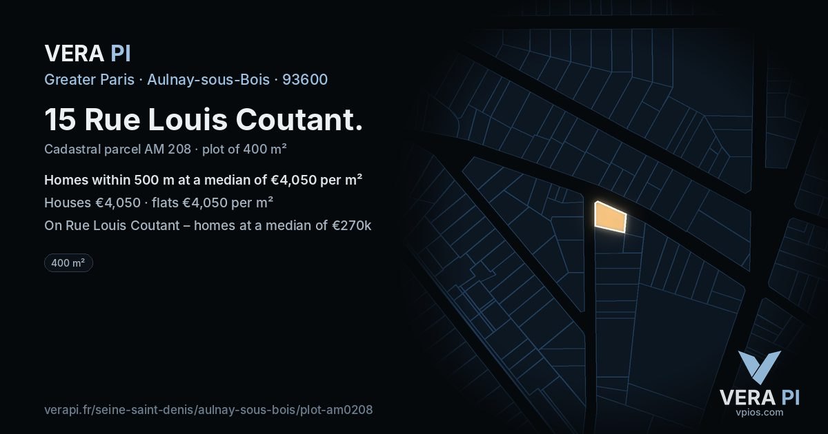 15 Rue Louis Coutant, Aulnay-sous-Bois at night – the plot lit, the parcels around coloured by the prices near them