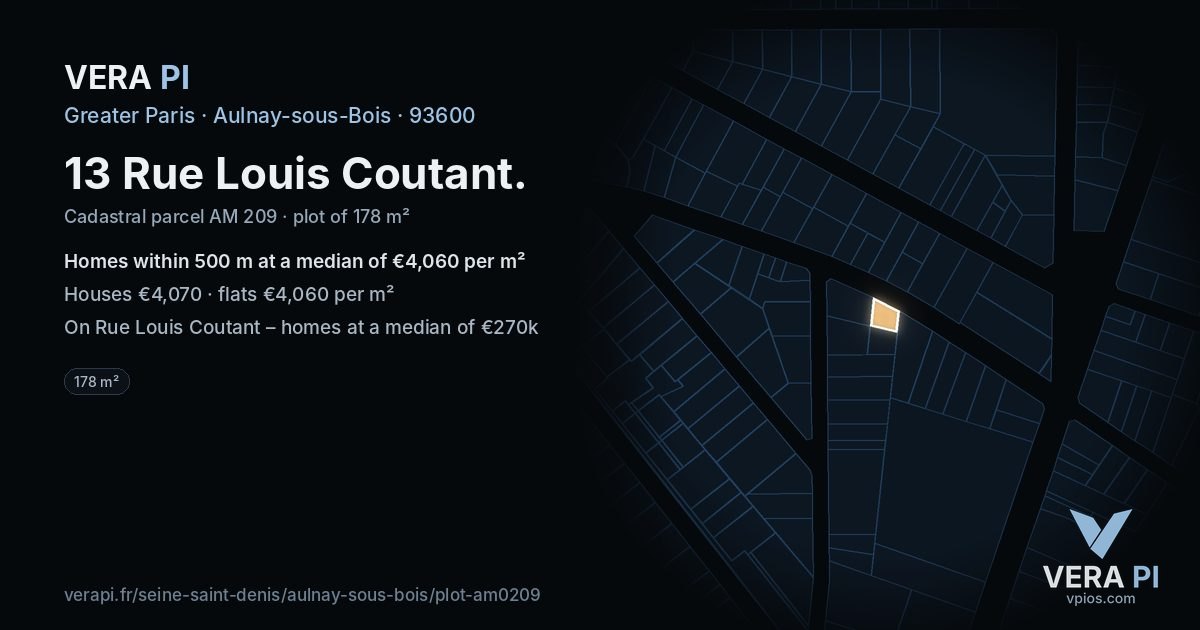 13 Rue Louis Coutant, Aulnay-sous-Bois at night – the plot lit, the parcels around coloured by the prices near them