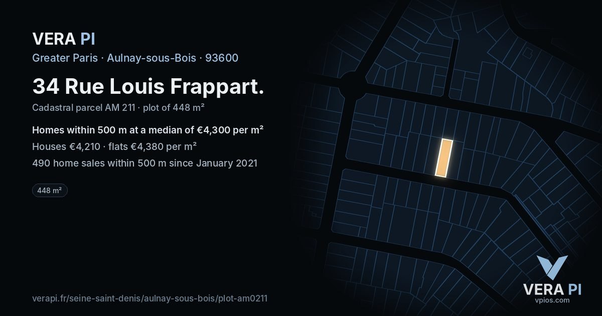 34 Rue Louis Frappart, Aulnay-sous-Bois at night – the plot lit, the parcels around coloured by the prices near them