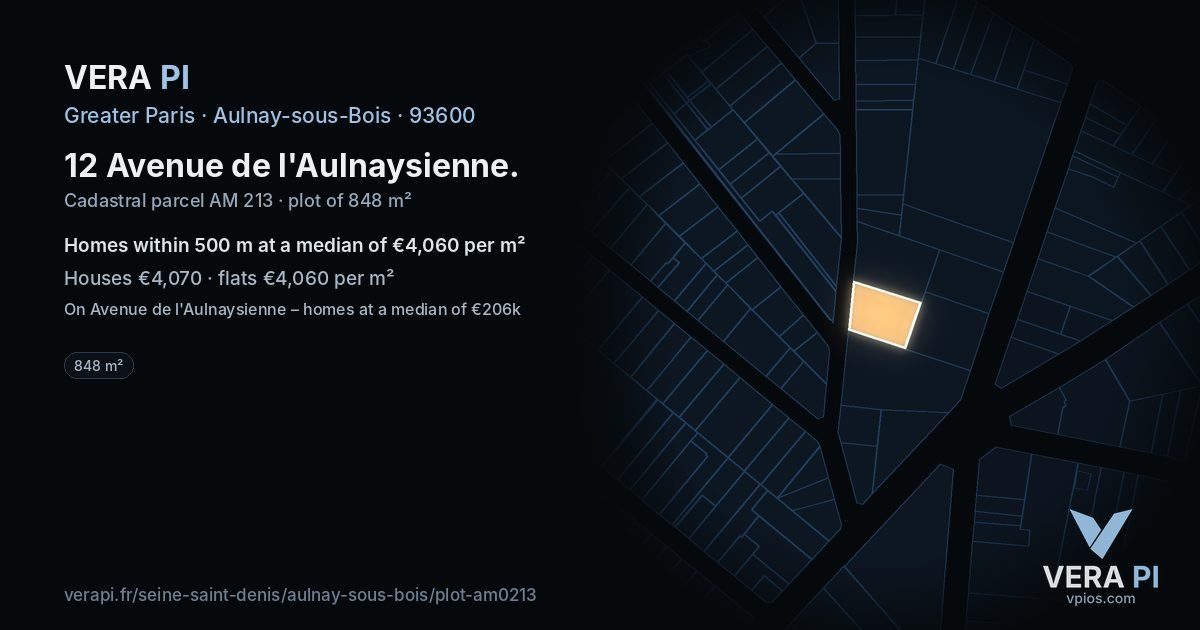 12 Avenue de l'Aulnaysienne, Aulnay-sous-Bois at night – the plot lit, the parcels around coloured by the prices near them