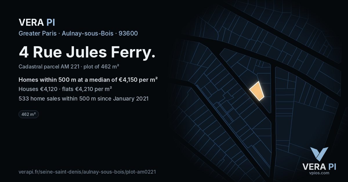 4 Rue Jules Ferry, Aulnay-sous-Bois at night – the plot lit, the parcels around coloured by the prices near them