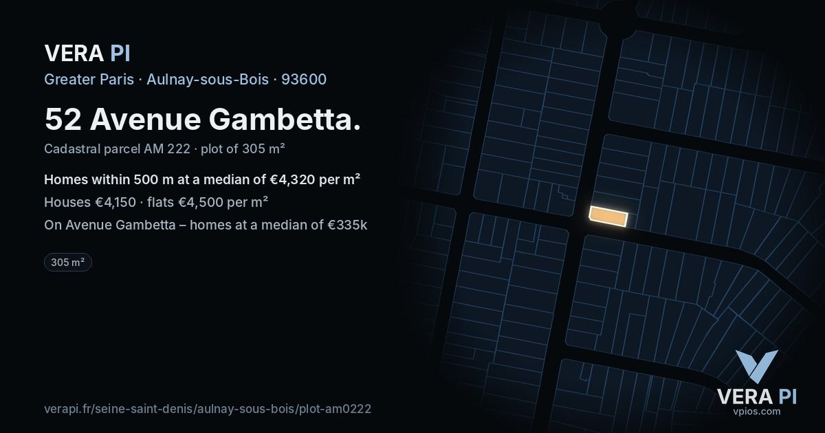52 Avenue Gambetta, Aulnay-sous-Bois at night – the plot lit, the parcels around coloured by the prices near them