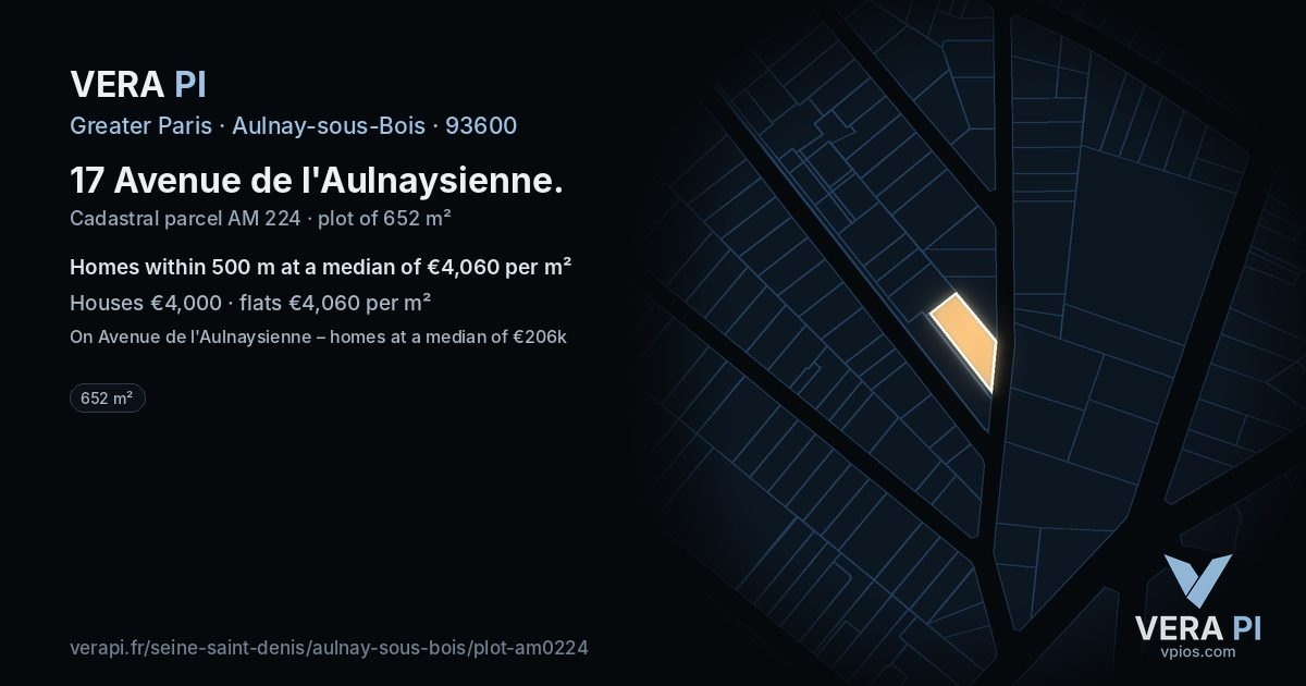 17 Avenue de l'Aulnaysienne, Aulnay-sous-Bois at night – the plot lit, the parcels around coloured by the prices near them