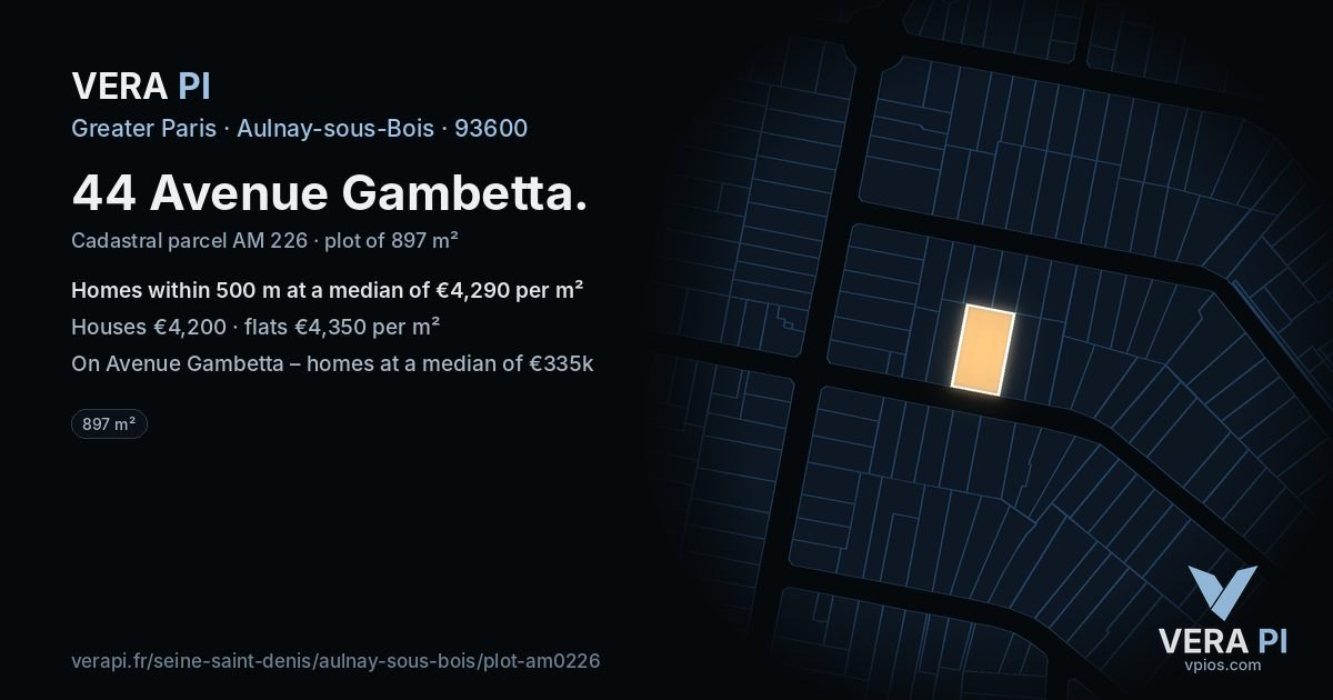 44 Avenue Gambetta, Aulnay-sous-Bois at night – the plot lit, the parcels around coloured by the prices near them